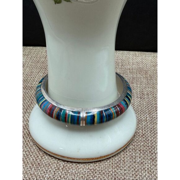 Jay King Sterling Silver Rainbow Calsilica Hinged Bangle Bracelet with Box - Picture 4 of 7